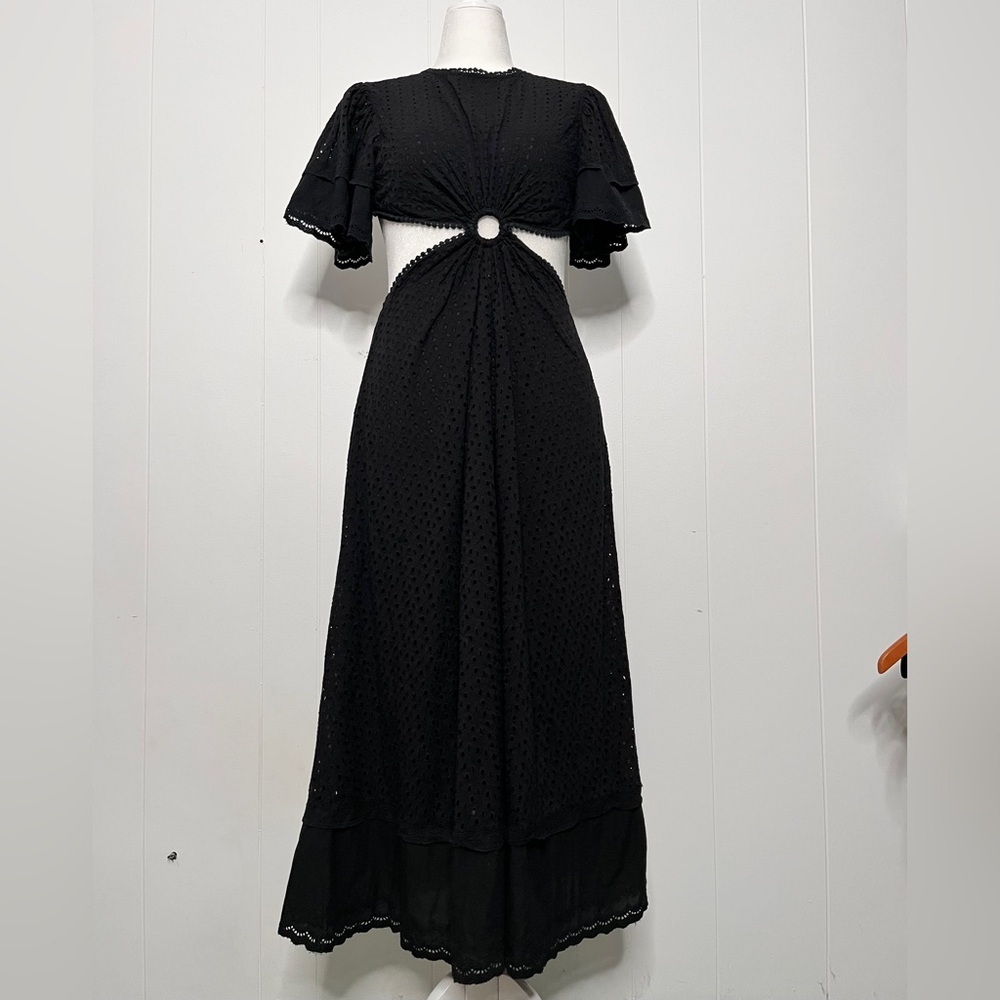 Maia Bergman Caroline Black Eyelet Midi Dress Cutout Cotton Ruffle Size M